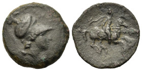 Sicily, Syracuse. Time of Agathokles, c. 310-309 BC. Æ (17.8mm,3.2g). Head of Athena to r., wearing crested Corinthian helmet; [ΣΥΡAΚΟΣΙΩΝ] around. R/...