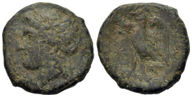 Sicily, Syracuse. Hiketas II (287-278 BC). Æ litra (23mm,9.8g). Laureate head of youthful Zeus Hellanios l.; R/ Eagle standing l. on thunderbolt; star...