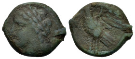Sicily, Syracuse. Time of Hiketas II, c. 287-278 BC. Æ (16.4mm,4g). Laureate head of Zeus Hellanios to l. R/ Eagle with spread wings standing to l. on...