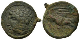 Sicily, Syracuse. Time of Hiketas II, c. 287-278 BC. Æ (21.6mm,8g). Laureate head of Zeus Hellanios to l. R/ Eagle with spread wings standing to l. on...