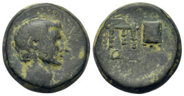 Octavian (27 BC-AD 14). Pontus, Amisos. Æ (24.2mm20g). Bare head of Octavian to r. Spear, sella quaestoria and fiscus (money chest); below, Q. Carbone...
