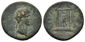 Augustus (27 BC-AD 14). Pergamum, Mysia. Æ (20.5mm.4g). Laureate head r. R/Tetrastyle temple containing cult statue of Divus Augustus. RPC 2355; SNG C...