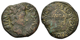 Augustus (27 BC-AD 14).Ilici, Spain. Æ (20.5mm,5.2g). Q Papirius Car and Q Terentius Montanus, duoviri. Laureate head to r. R/ Tetrastyle temple inscr...
