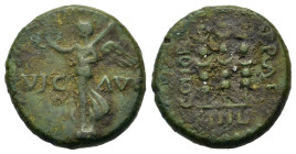 Time of Claudius or Nero (41-68). Macedon. Philippi. (Copper, 18.2 mm, 5,20 g). VIC AVG Victory with wreath and palm standing to l. on raised platform...