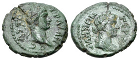 Trajan (98-117). Mysia, Germe. Æ (19mm, 3.09g, 12h). Laureate head r. R/ Laureate and draped bust of Apollo r.; laurel-branch before. RPC III 1766. VF...