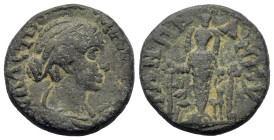 Faustina II (147-175). Phrigia, Ankyra. Æ (16.8mm,3.5g). Draped bust r. R/ Cult statue of Artemis Ephesia standing facing with supports, between two s...
