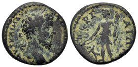 Marcus Aurelius (161-180). Perge, Pamphylia. Æ (19mm,3.8g). Laureate head of Marcus Aurelius, r. R/Artemis standing, left, holding bow over stag and l...