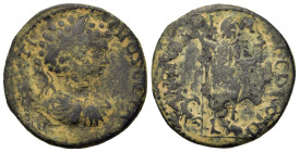 Septimius Severus (193-211). Antioch, Pisidia. Æ (22mm,4.9g). Laureate, draped and cuirassed bust to r. R/ Mên standing facing, head to r., foot on bu...