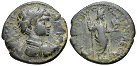 Caracalla (198-217). Pisidia, Antioch. Æ (23mm, 5.91g, 6h). Laureate, draped and cuirassed bust r., seen from behind. R/ Mên standing r., with foot on...