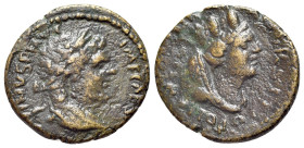 Caracalla (198-217). Mesopotamia, Edessa. Æ (15mm, 1.53g, 6h). Laureate head r. R/ Turreted, veiled and draped bust of Tyche r. SNG Hunterian 2490-1. ...