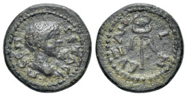 Geta (Caesar, 198-209). Thrace. Byzantium. Æ (15mm, 2,71g, 5h) Π C ΓETAC K. Bare head right. R/ BVZANTIΩN Winged kerykeion. Varbanov 1825. VF