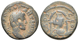 Elagabalus (218-222). Seleucis and Pieria, Laodicea ad Mare. Æ (17mm, 3.90g, 12h). Laureate head r. R/ Turreted and draped bust of Tyche r. within dis...