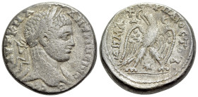 Elagabalus (218-222). Seleucis and Pieria, Antioch. Tetradrachm (25mm, 13.22g, 11h). Laureate bust r. with drapery on far shoulder. R/ Eagle standing ...