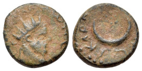 Elagabalus (218-222). Mesopotamia, Carrhae. Æ (14mm, 2.62g, 6h). Radiate head r. R/ Star above crescent. Cf. BMC 10-11 (as Caracalla). Brown patina, G...
