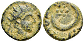 Elagabalus (218-222). Mesopotamia, Carrhae. Æ (13mm, 2.58g, 6h). Radiate bust r. R/ Rosette and crescent. Cf. BMC 9. Green patina, VF
