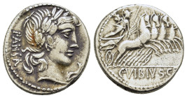 C. Vibius C.f. Pansa, Rome 90 BC. AR Denarius (17.5mm,3.9g). Laureate head of Apollo r.; symbol below chin. R/ Minerva driving galloping quadriga r. C...