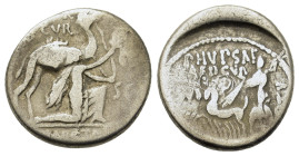 M. Aemilius Scaurus and Pub. Plautius Hypsaeus, Rome, 58 BC. AR Denarius (17.6mm,3.8g). Nabatean king Aretas kneeling r., holding reins and olive bran...