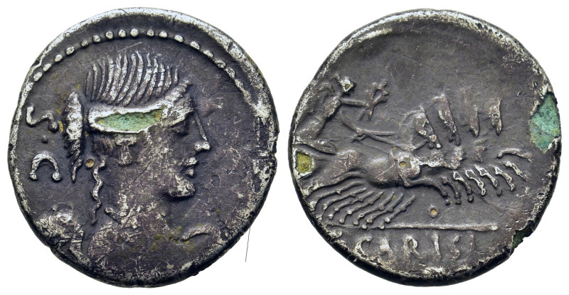 T. Carisius, Rome, 46 BC. Fourrée Denarius (18.4mm,2.6g). Draped and winged bust...