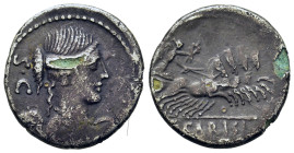 T. Carisius, Rome, 46 BC. Fourrée Denarius (18.4mm,2.6g). Draped and winged bust of Victory r. R/ Victory driving quadriga r. Crawford 464/5; RBW 1618...