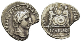Augustus (27 BC-AD 14). AR Denarius (19mm,3g). Lugdunum (Lyon). Laureate head of Augustus to r. R/ Gaius and Lucius Caesares standing facing with two ...