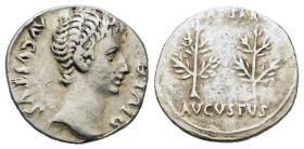 Augustus (27 BC-14 AD). Uncertain Spanish mint (Colonia Caesaraugusta?), 19-18 BC. AR Denarius (18.3mm,3.7g). Head to r., wearing corona civica (oak w...