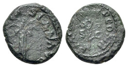 Vespasian (69-79). Æ Quadrans (14mm, 1.82g, 6h). "Judaea Capta" commemorative. Rome mint. Struck AD 71. Palm tree R/ Vexillum. RIC II.1 340; Hendin 65...