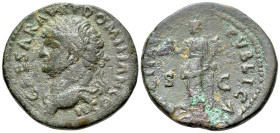 Domitian (Caesar, 69-81). Æ Dupondius (27mm, 10.63g, 6h). Rome, 73-4. Laureate and draped bust of l. R/ Felicitas standing l., holding winged caduceus...