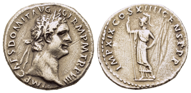 Domitian (81-96). AR Denarius (18.3mm,2.9g). Rome. Laureate head r. R/Minerva st...