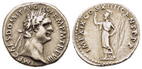Domitian (81-96). AR Denarius (18.3mm,2.9g). Rome. Laureate head r. R/Minerva standing l. with spear.
RIC 140.
