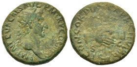 Nerva (96-98). Æ As (27.8mm,13.3g). Rome. Laureate head of Nerva r. R/ Clasped hands / SC. RIC II 95.
