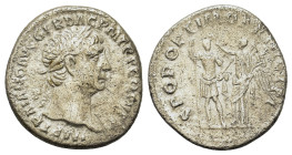 Trajan (98-117). AR Denarius (17.2mm,3.1g). Rome. Laureate head r. R/ Trajan standing facing, holding spear and parazonium, and being crowned by Victo...