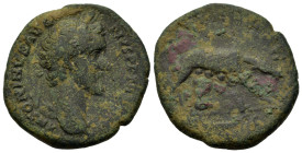 Antoninus Pius (138-161). Æ As (22mm,10g). Rome. Laureate head r. R/ She-wolf standing r., suckling the twins; boat in exergue. RIC III 734.
