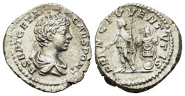 Geta (Caesar, 198-209). AR Denarius (18.9mm,3.2g). Rome, 200-202. Bare-headed and draped bust r. R/ Geta standing l., holding baton and scepter; troph...