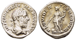 Macrinus (217-218). AR Denarius (18.3mm,3.3g). Rome, 218. Laureate and draped bust r. seen from behind. R/ Providentia standing l., holding wand in r....