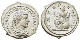 Elagabalus (218-222). AR Denarius (19.9mm,3.3g). Rome, 218. Laureate and draped bust of Elagabalus to r., seen from behind. R/ Roma seated l. on thron...