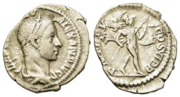 Severus Alexander (222-235). AR Denarius (19.2mm,2.3g). Laureate, draped and cuirassed bust r. R/ Mars advancing r., holding spear and trophy. C 281. ...