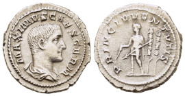 Maximus (Caesar, 235/6-238). AR Denarius (19.6mm,3.6g). Rome. Bareheaded and draped bust r.
R/ Maximus standing l., holding baton and spear; two signa...