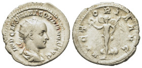 Gordian III (238-244). AR Antoninianus (23.3mm,4.1g). Rome, 239. Radiate and draped bust r. R/ Victory advancing l., holding wreath and palm. RIC IV 1...