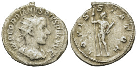 Gordian III (238-244). AR Antoninianus (22.8mm,3.4g). Rome, c. 241-3. Radiate, draped bust r. R/ Jupiter standing r., holding sceptre and thunderbolt....