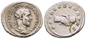 Pupienus (238). Antoninianus (23mm,4.2g). Rome. Radiate, draped and cuirassed bust r. R/Clasped hands. RIC 11b.