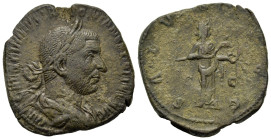 Trebonianus Gallus (251-253). Æ Sestertius (28mm,15.7g). Rome. Laureate, draped and cuirassed bust r. R/ Salus standing r., feeding snake held in arms...