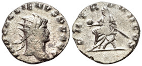 Gallienus (253-268). Antoninianus (21mm, 3.20g, 6h). Mediolanum. Radiate head r. R/ Emperor seated l., holding globe and sceptre. MIR 1248. VF