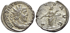 Victorinus (260-269). AR Antoninianus (20mm, 3.42g, 1h). Colonia Agrippinensis, 269-70. Radiate and cuirassed bust r. R/ Salus standing r., holding sn...