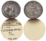 Carinus (283-285). Radiate (22mm, 3.11g). Lugdunum. Radiate, draped and cuirassed bust r. R/ Victory advancing l., holding wreath and palm; A-//-. RIC...