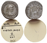 Numerian (283-284). Radiate (21mm, 3.73g). Antioch, 284. Radiate, draped and cuirassed bust r. R/ Emperor standing r., receiving Victory on globe from...