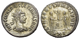 Diocletian (284-305). Radiate (21mm, 3.39g). Cyzicus. Radiate, draped and cuirassed bust r. R/ Diocletian standing r., holding sceptre and receiving V...