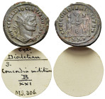 Diocletian (284-305). Radiate (22mm, 4.51g). Cyzicus. Radiate, draped, and cuirassed bust r. R/ Diocletian standing r., receiving Victory on globe fro...