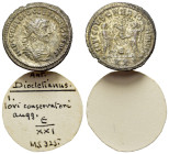 Diocletian (284-305). Radiate (21mm, 3.39g). Antioch, 285. Radiate, draped and cuirassed bust r. R/ Emperor standing r.,holding parazonium, receiving ...