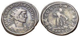 Diocletian (284-305). Radiate (21mm, 3.46g). Ticinum, 290. Radiate and cuirassed bust r. R/ Hercules standing l., holding club, bow and lion skin; PXX...