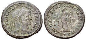 Diocletian (284-305). Æ Nummus (27mm, 9.43g). Aquileia, 301. Laureate head r. R/ Moneta standing l., holding scales and cornucopia; -V//AQS. Metal fla...